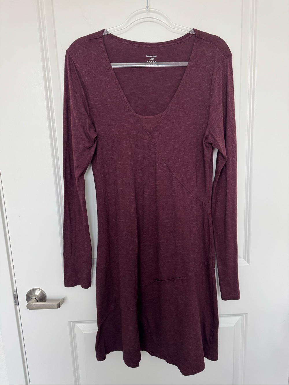 Horny Toad Long Sleeve Oblique V-Neck Dress in Burgundy Plum LARGE